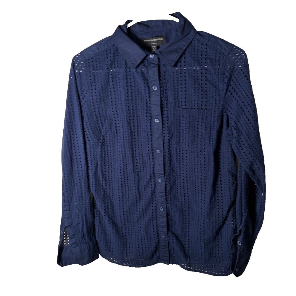 Banana Republic Shirt Women's Petite Small Navy Blue Button Up Eyelet Sheer
